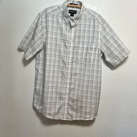 Eddie Bauer Wrinkle Resistant Relaxed Fit Blue Yellow Short Sleeve Shirt Mens LT - Picture 1 of 9